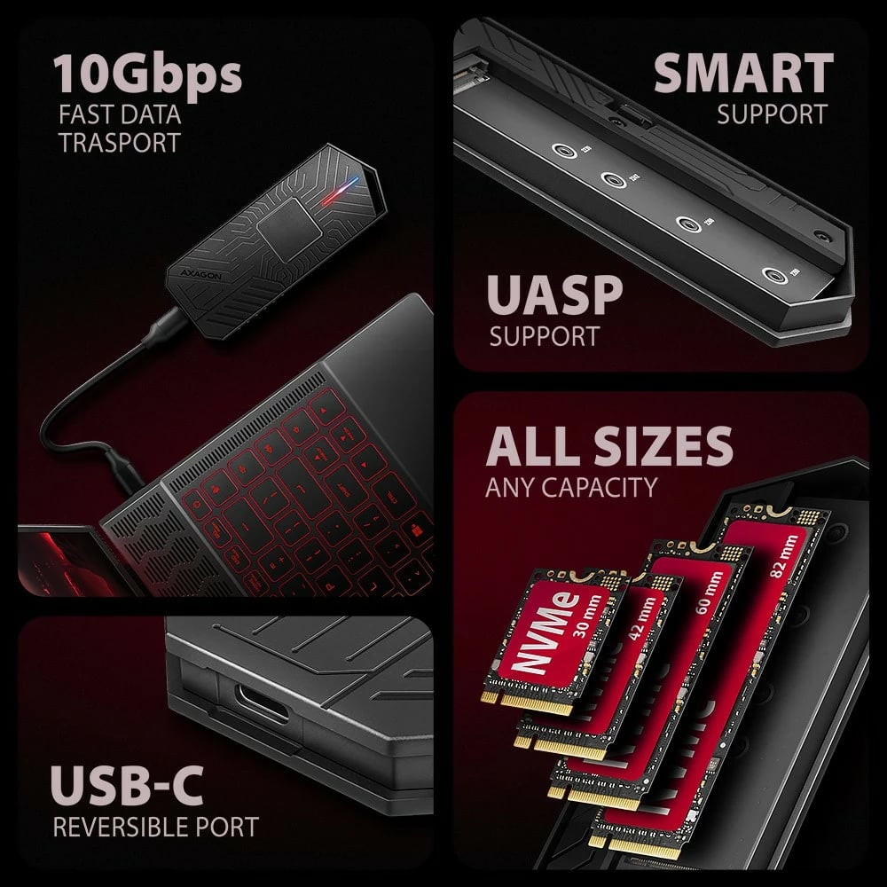 Kasë e jashtme AXAGON EEM2-GAM për SSD M.2 NVMe/SATA, USB-C 3.2 Gen 2, e zezë