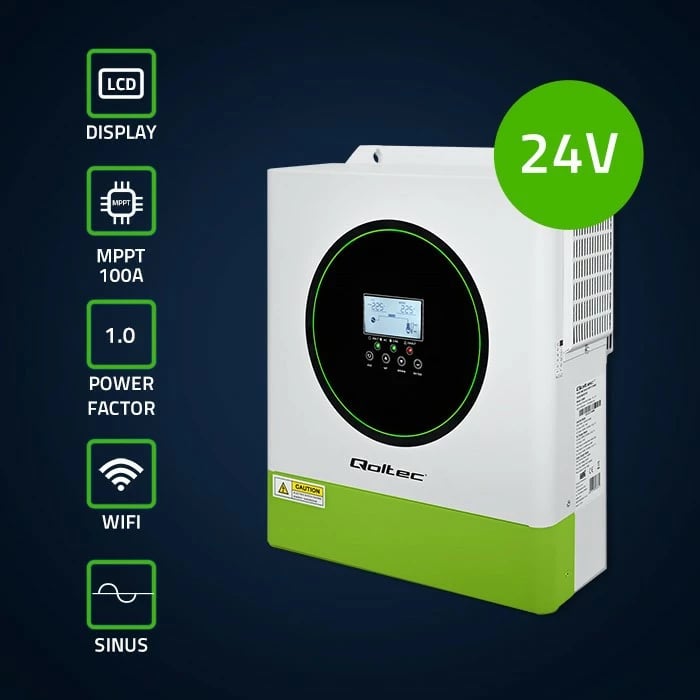 Inverter solar hibrid Qoltec 53865, 3500W, 100A, 24V, MPPT, BMS, Wi-Fi, i bardhë/gjelbër