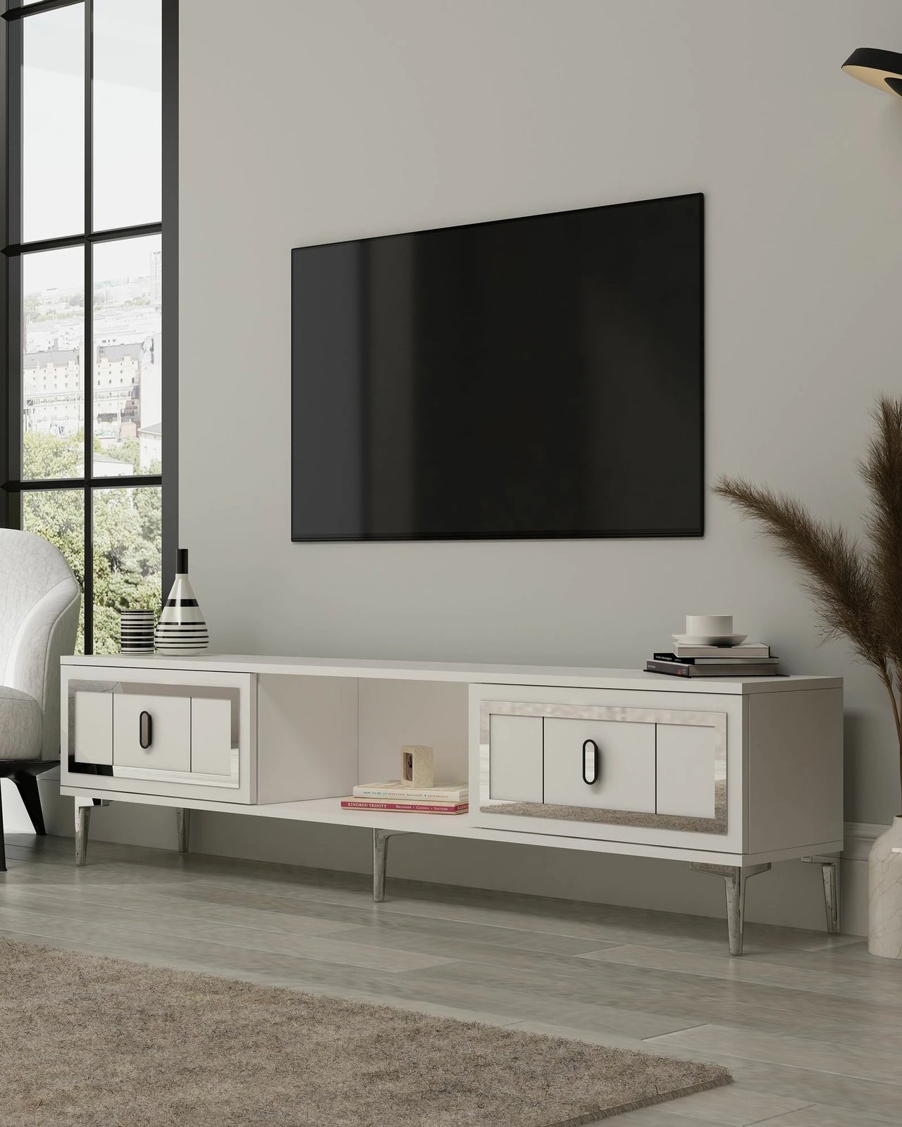 Komodë TV Skye Decor, e bardhë, argjend