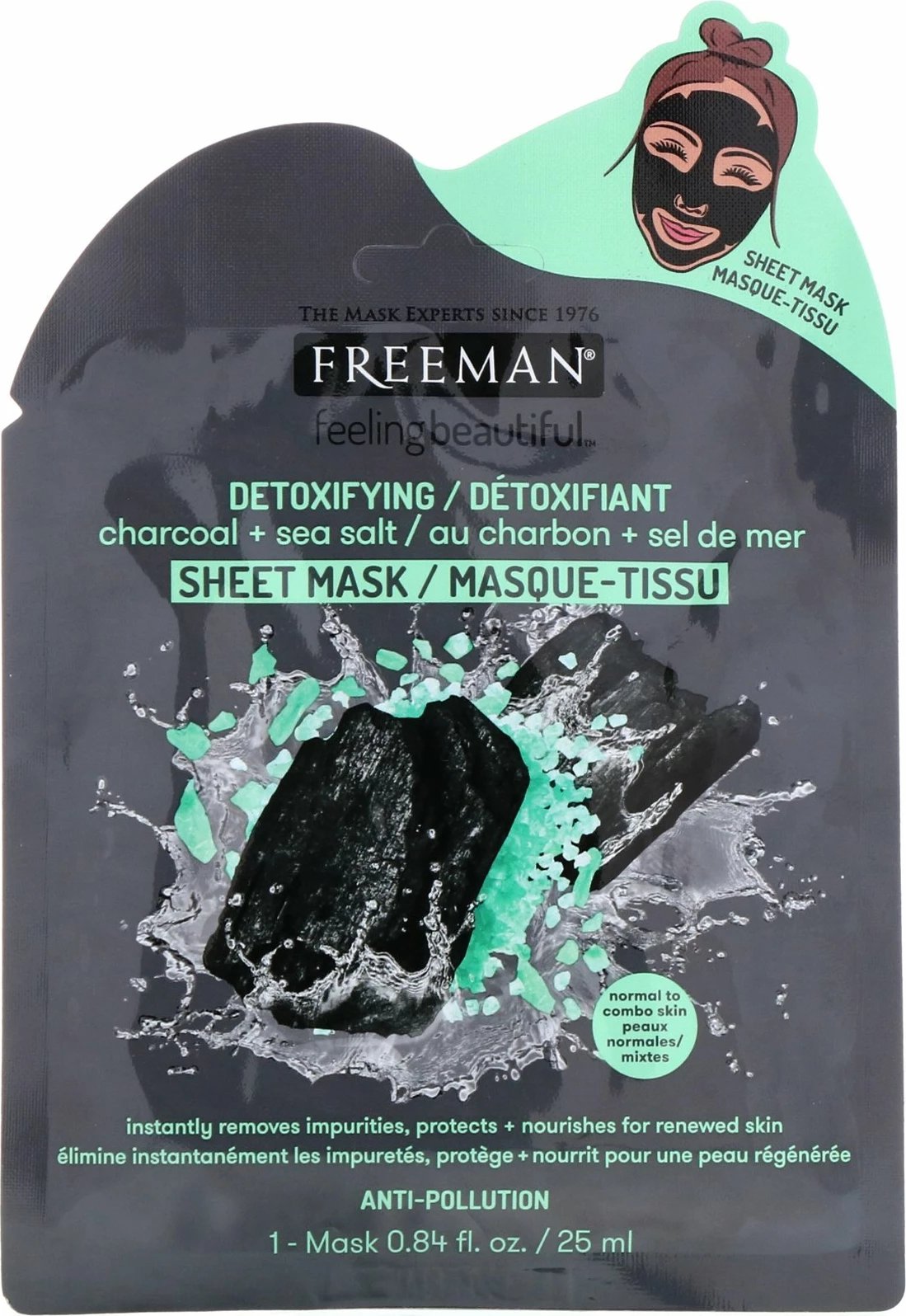 Maskë për fytyrë Freeman Detoxifying Sheet Mask Charcoal + Sea Salt, 25ml