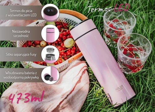 Termus Adler AD 4506, 473 ml, ekran LED me sensor temperature, izolim vakum çelik inox SS304, me sitë, rozë Termus Adler AD 4506, 473 ml, ekran LED me sensor temperature, izolim vakum çelik inox SS304, me sitë, rozë