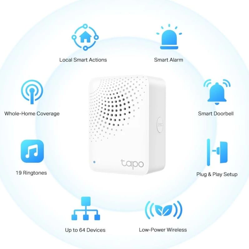 Smart hub TP-Link Tapo H100 alarm 90 dB lidhje me konsum të ulët deri 64 pajisje e bardhë