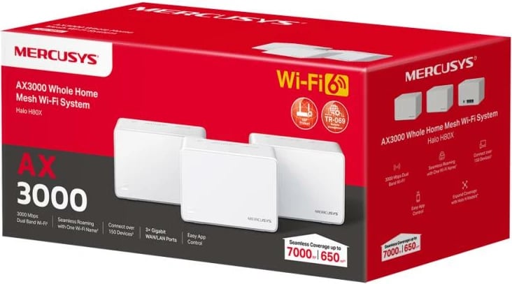 Router Mesh Wi‑Fi 6, Mercusys Halo H80X, AX3000 (deri 3000 Mbps), 3-pack, e bardhë