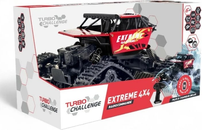 Automjet RC 4x4 Alba Moli 090188A shkallë 1:14 2.4 GHz shpejtësi 9 km/h bateri Li‑ion 3.7V 500 mAh me rrota/zinxhirë të këmbyeshëm e zezë/e kuqe set