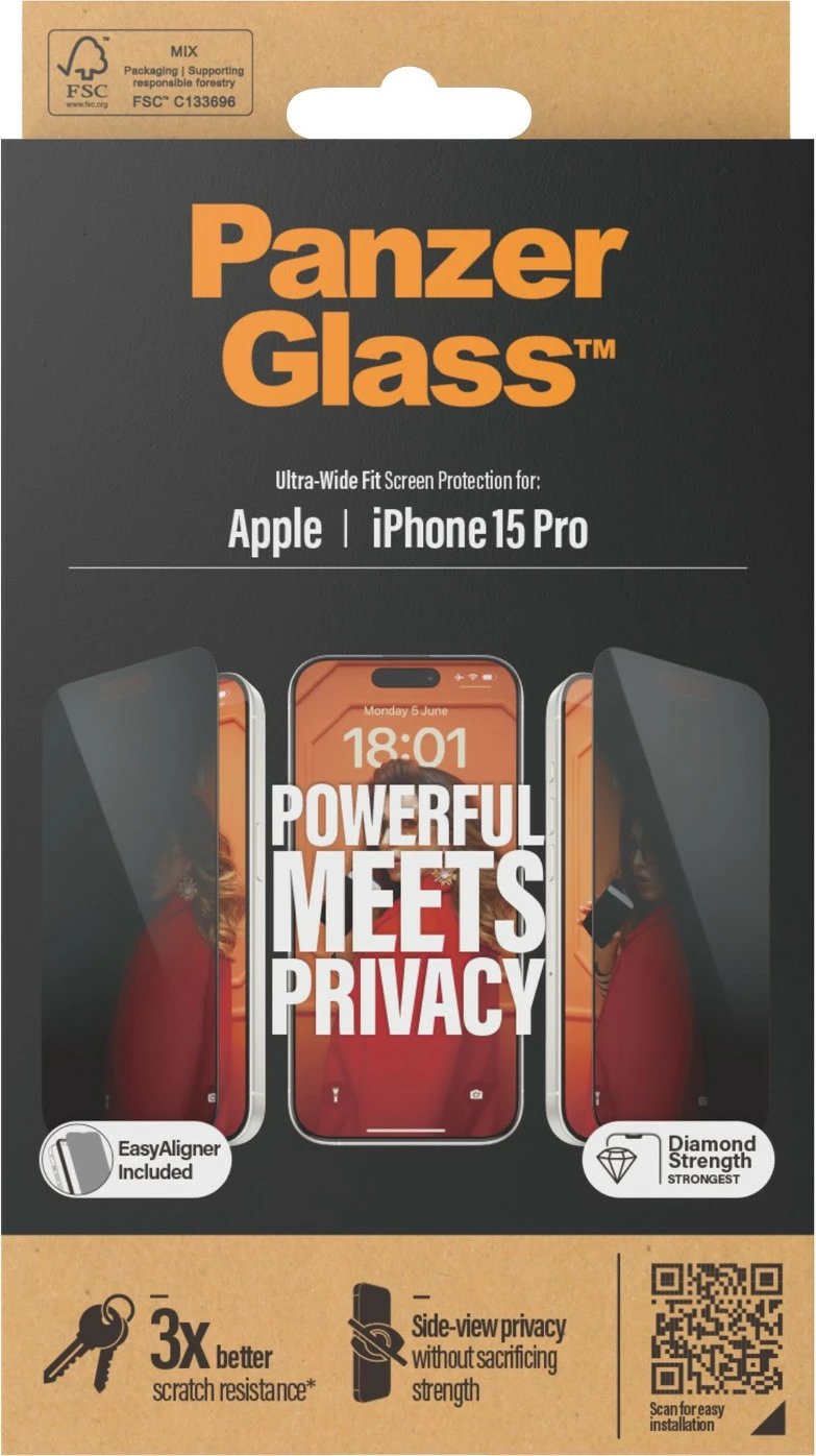 Mbrojtës ekrani PanzerGlass Privacy për iPhone 15 Pro, EasyAligner, transparent