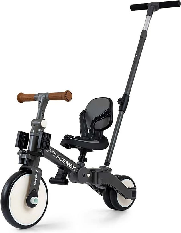 Tricikletë/biçikletë ekuilibri 5‑në‑1, Milly Mally, Optimus Max, dorezë prindi me 4 nivele, rrota shkumë, sedilje e rregullueshme, palosshme, gri e errët