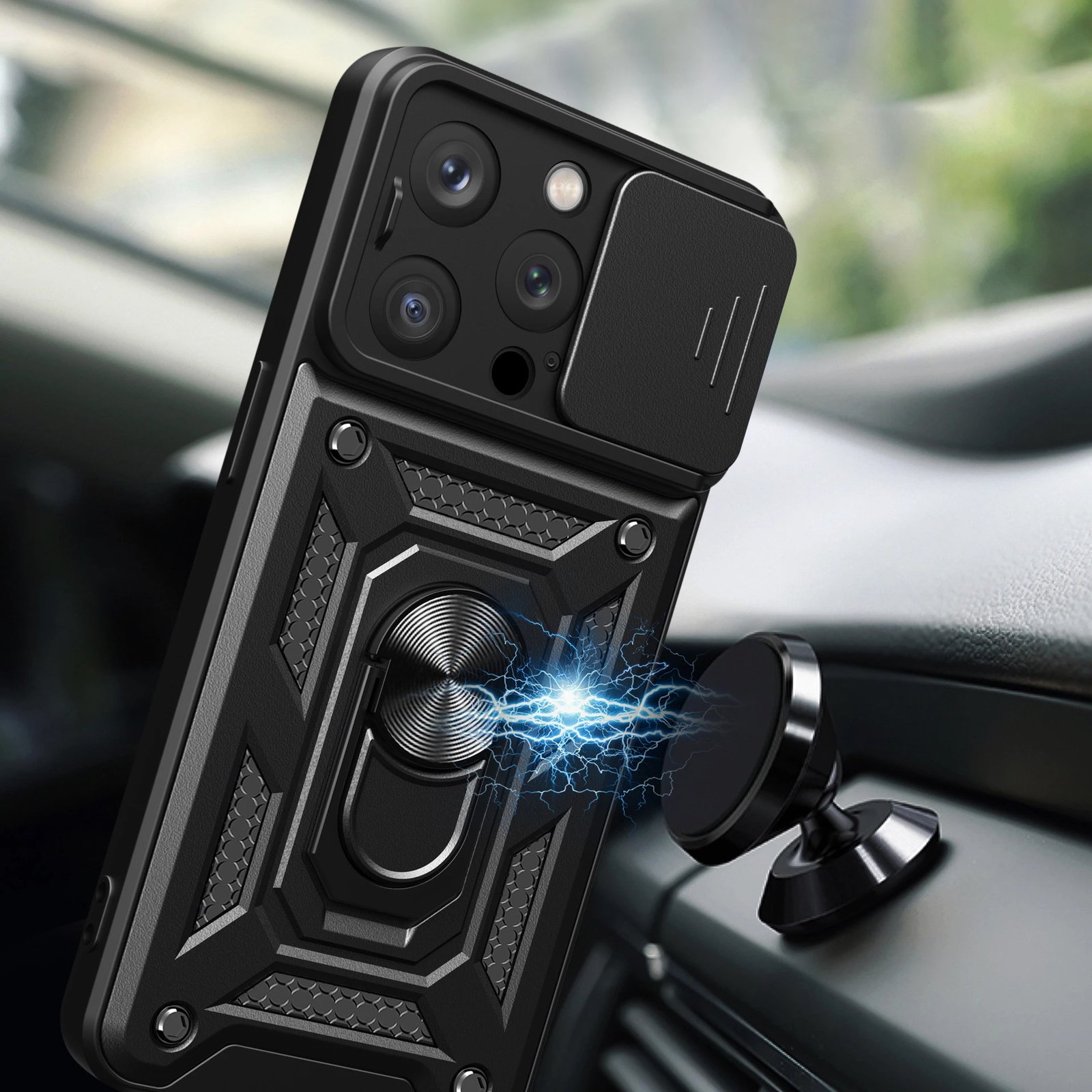 Mbështjellës Hurtel Armor Camshield me stand dhe mbulesë kamere për iPhone 15 Pro Max, i zi