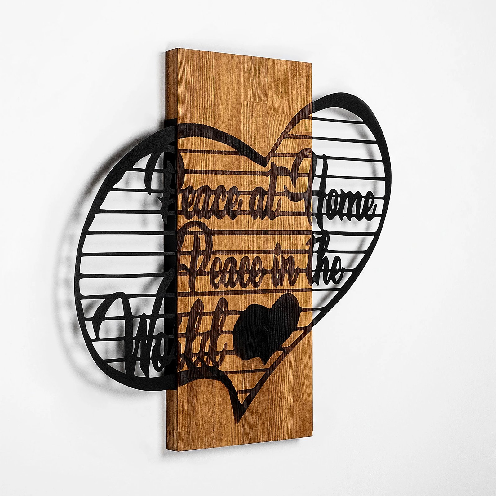 Aksesor dekorativ druri për mur, Peace At Home Peace in The World, ngjyrë arre dhe e zezë, 58x59cm