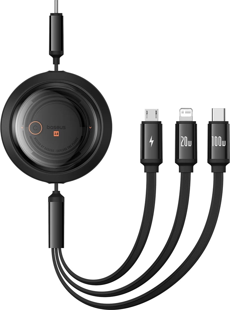 Kabllo tërheqëse Baseus Free2Draw CB000084, 1.1m, USB-C/Lightning/micro USB, 100W, e zezë Kabllo tërheqëse Baseus Free2Draw CB000084, 1.1m, USB-C/Lightning/micro USB, 100W, e zezë
