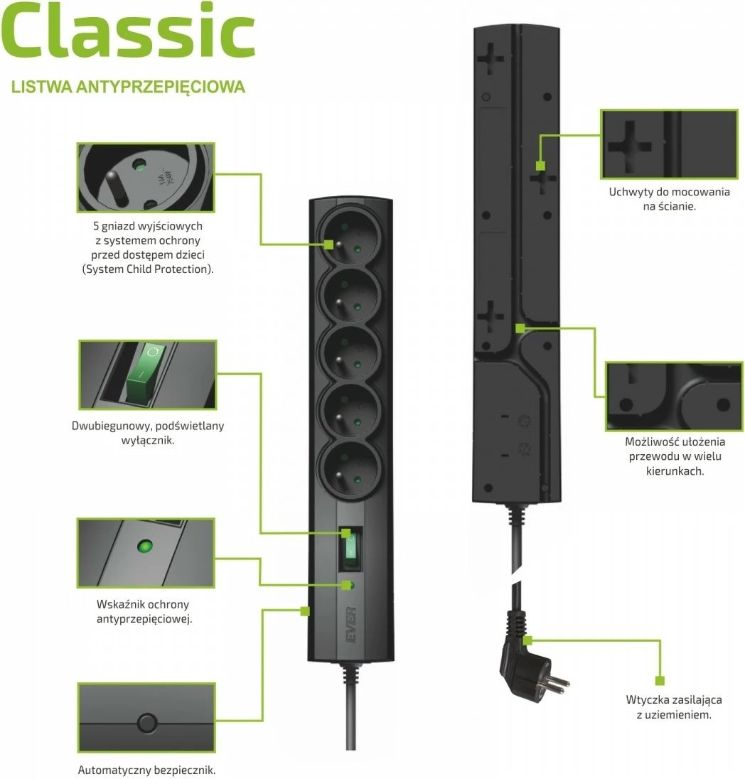 Prizë me mbrojtje nga mbingarkesa EVER Classic T/LZ09-CLA015/0000, 1.5m, 5 dalje, e zezë