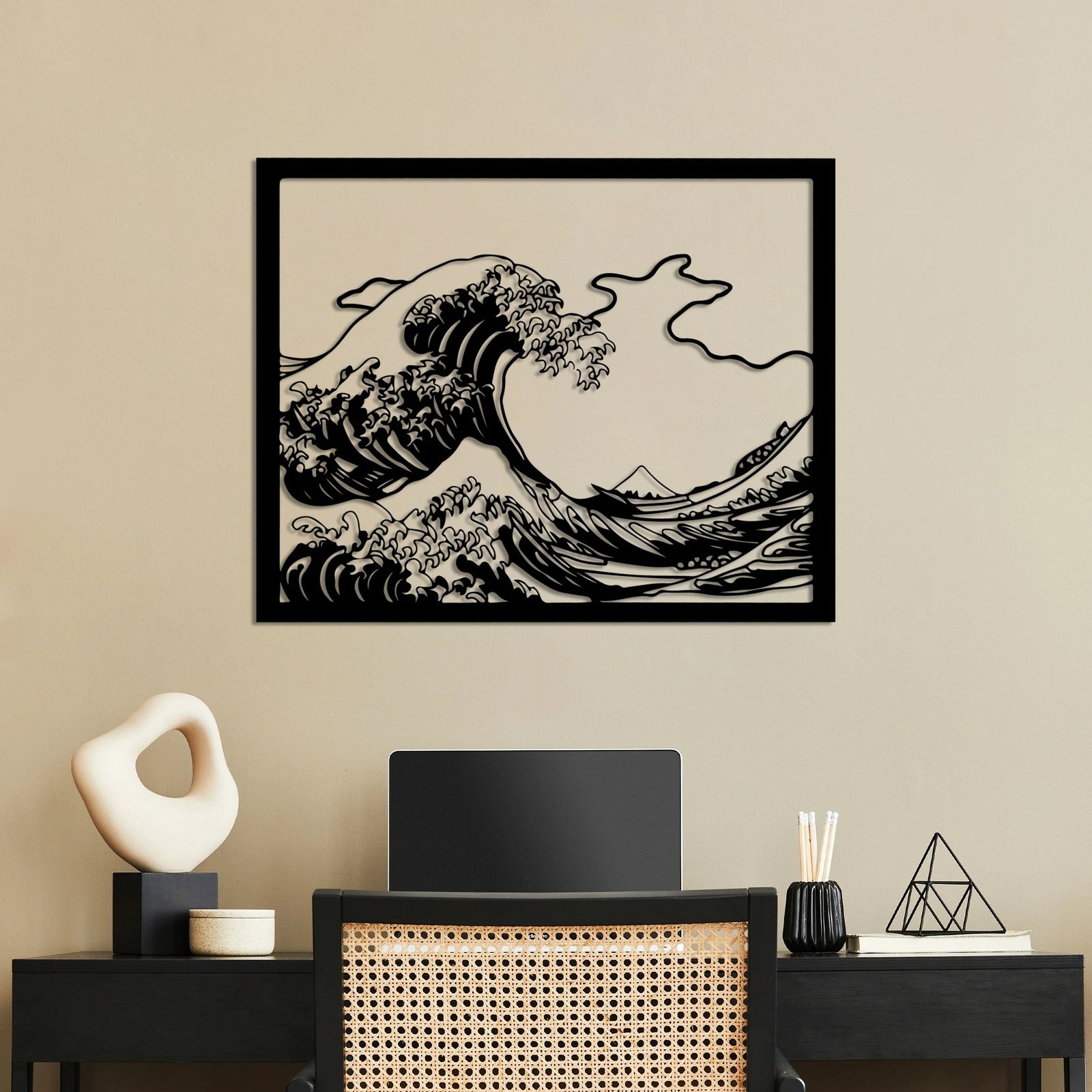 Aksesor dekorativ metalik për mur, Wallity Hokusai, ngjyrë e zezë, 56x45cm