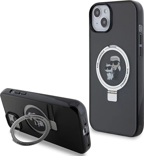 Mbështjellës Karl Lagerfeld KLHMP15SHMRSKCK për iPhone 15 6.1", me unazë Ring Stand, MagSafe, e zezë