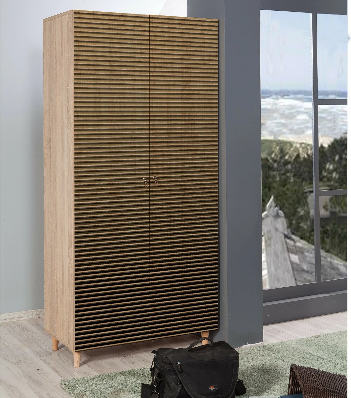 Dollap modern, ngjyrë lisi Sonoma, këmbë druri, doreza metalike dhe litari, Skye Decor, 90x192x52cm