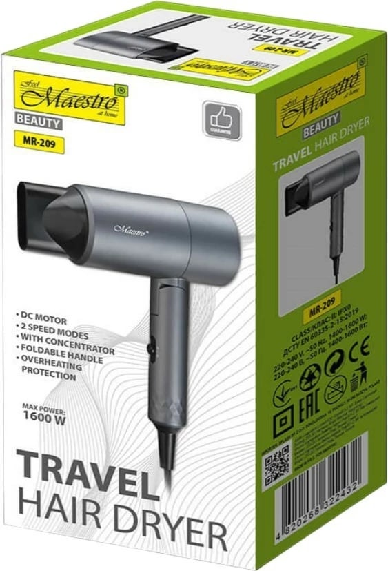 Tharëse flokësh Feel-Maestro MR-209, 1600W, e zezë/gri, dorezë e palosshme