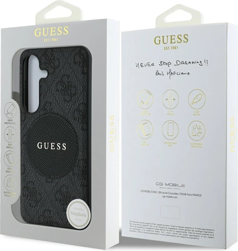 Mbështjellës Guess 4G Round Patch Classic Logo MagSafe për Samsung Galaxy S25, i zi