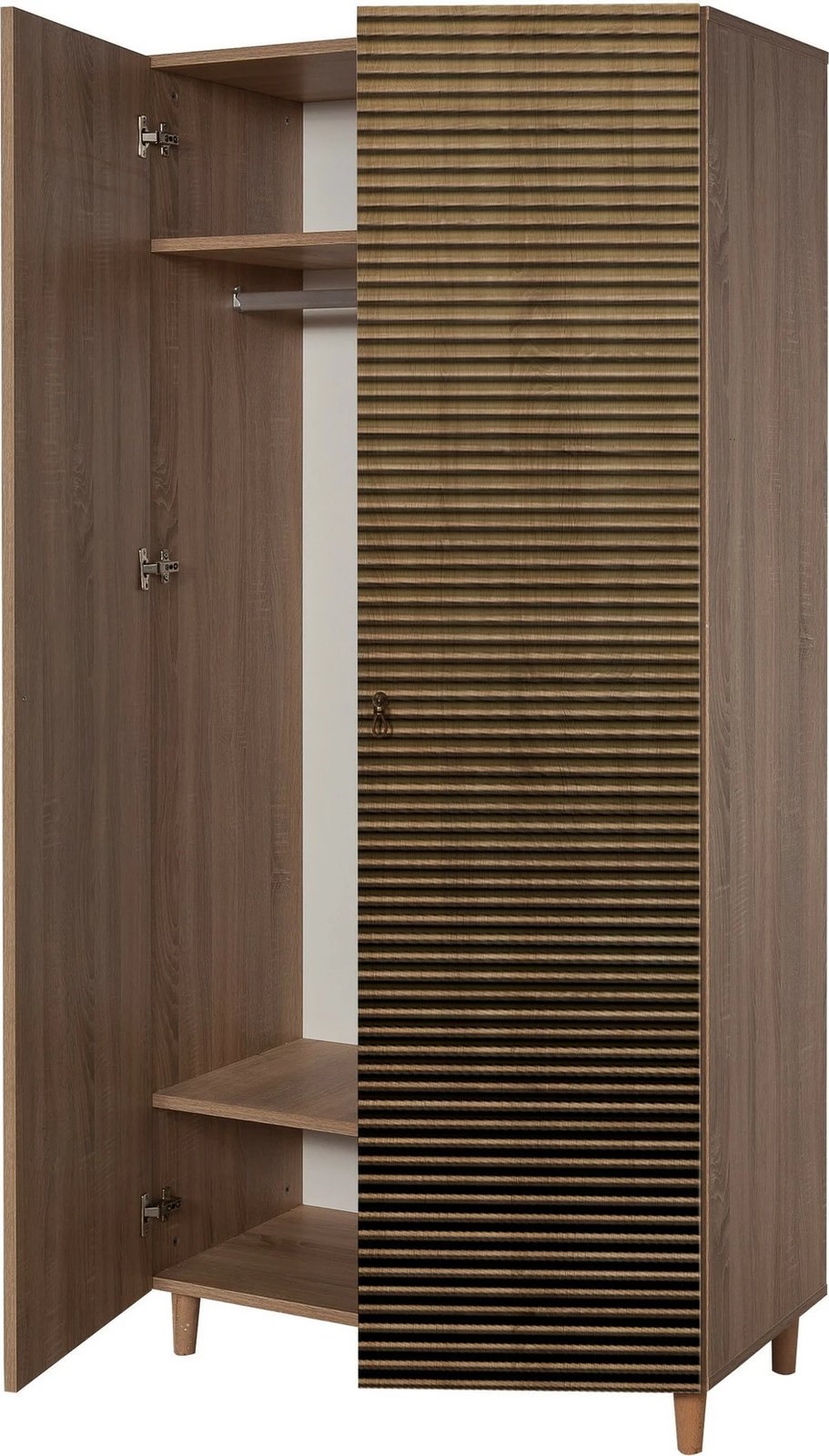 Dollap modern, ngjyrë lisi Sonoma, këmbë druri, doreza metalike dhe litari, Skye Decor, 90x192x52cm