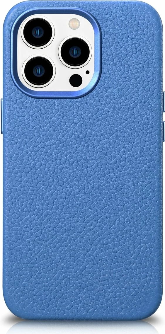 Mbështjellës iCarer Litchi Premium për iPhone 14 Pro, lëkurë natyrale, MagSafe, kaltër