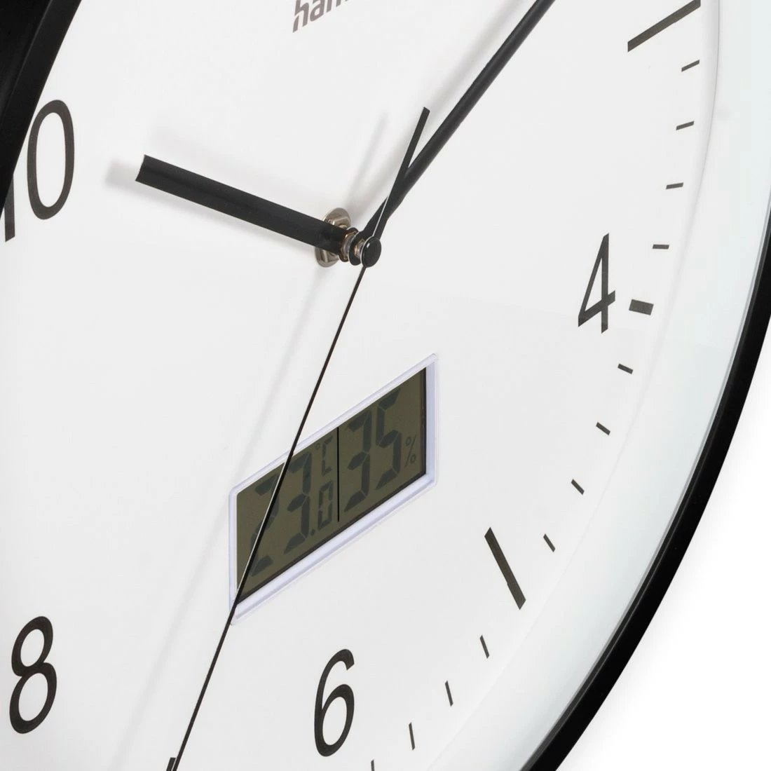 Orë muri, Hama, 185887, 30 cm, radio-kontroll DCF, mekanizëm i qetë, higrometër/termometër, xham, AA, e zezë/e bardhë