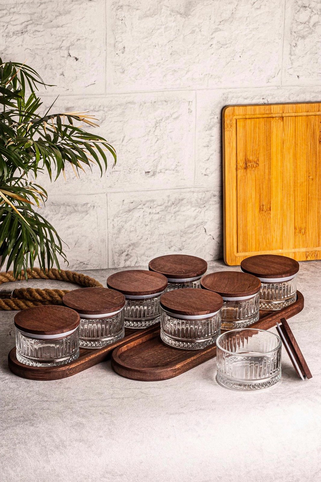Set tasash prej xhami me kapakë druri, 18 copë, Hermia Concept, Bella 10