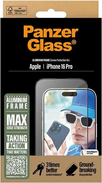 Mbrojtës ekrani PanzerGlass me kornizë alumini për iPhone 16 Pro 6.3" Ultra-Wide Fit