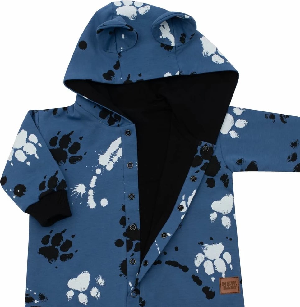 Kombinezon pambuku për bebe, New Baby Paw, me kapuç me veshë, mbyllje me kopsa presioni, i veshur me shtresë pambuku, madhësia 62 (3-6m), blu