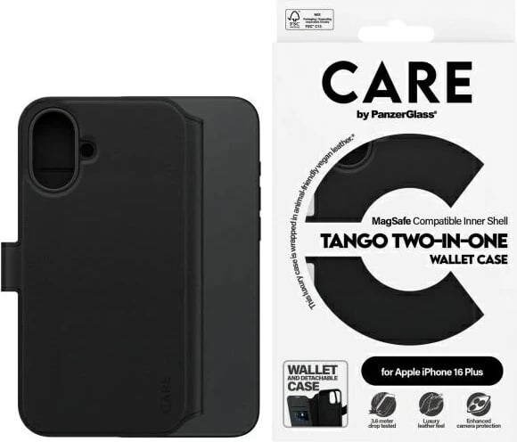 Mbështjellës PanzerGlass CARE Tango 2in1 Wallet MagSafe për iPhone 16 Plus, Zi