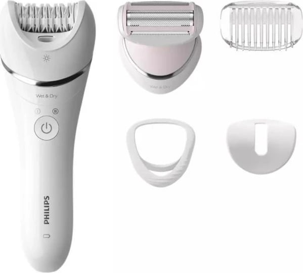 Depilator Philips Series 8000 BRE710/00, i bardhë, pa kabllo, për përdorim të lagësht dhe të thatë, me aksesorë