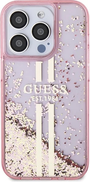 Mbështjellës Guess Liquid Glitter Gold Stripes për iPhone 15 Pro, Rozë Mbështjellës Guess Liquid Glitter Gold Stripes për iPhone 15 Pro, Rozë