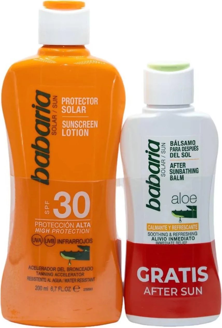 Krem mbrojtës dielli Babaria SPF 30 dhe balsam pas diellit aloe, unisex, 200ml + 1 copë