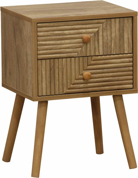 Komodinë natyrale me 2 sirtarë, këmbë druri pishe, 37.5x32x54cm