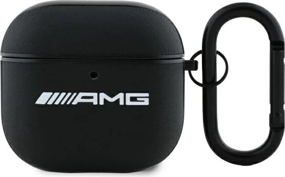 Mbështjellës AMG për AirPods 4, lëkurë, logo e bardhë, i zi