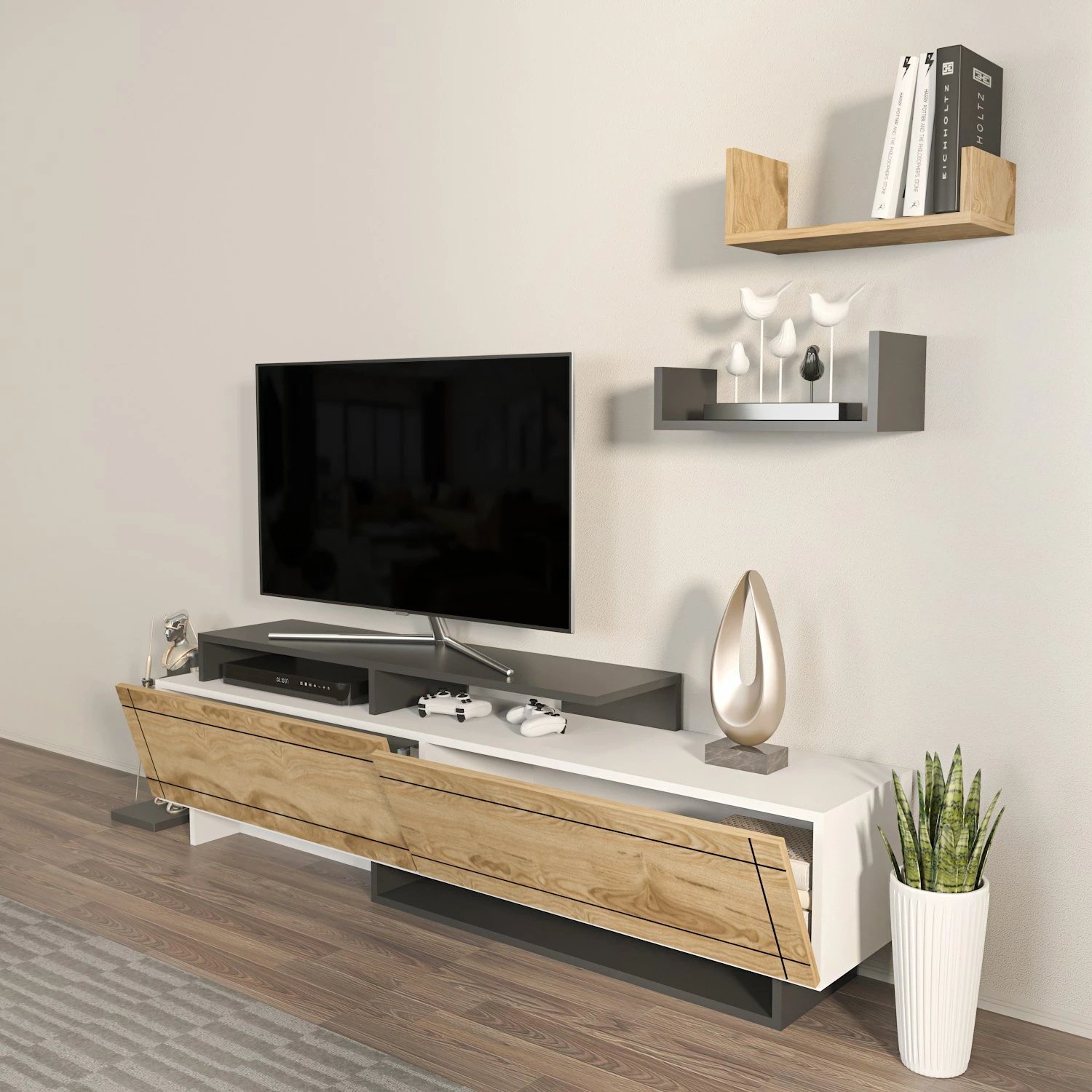 Komodë TV Skye Decor, Tammy, e bardhë, lis, antracit