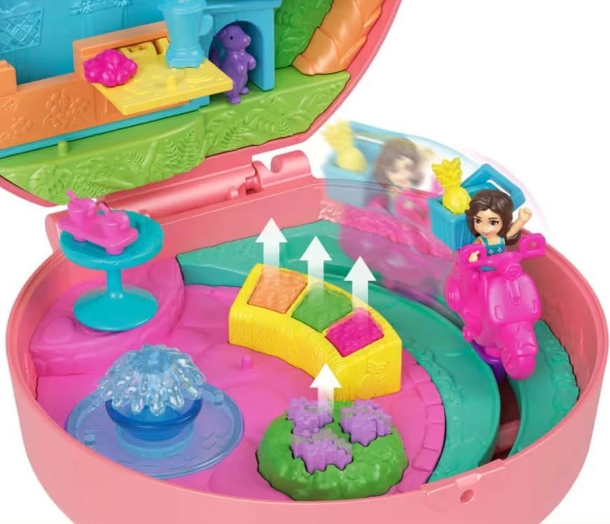 Set lodrash Polly Pocket Mattel HWN98, 2 kukulla të vogla, 12 aksesorë, skuteri me qenush