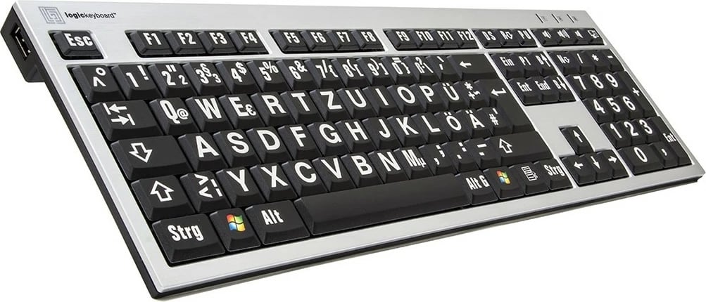 Tastierë LogicKeyboard XL-Print DE, slim, shkronja të bardha mbi të zezë