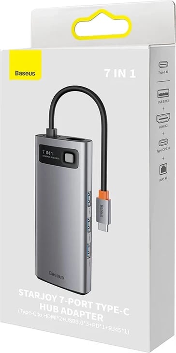 Kasë Baseus Metal Gleam Series 7-in-1, USB-C në 3x USB 3.0, HDMI, USB-C PD, VGA, Ethernet RJ45, Gri