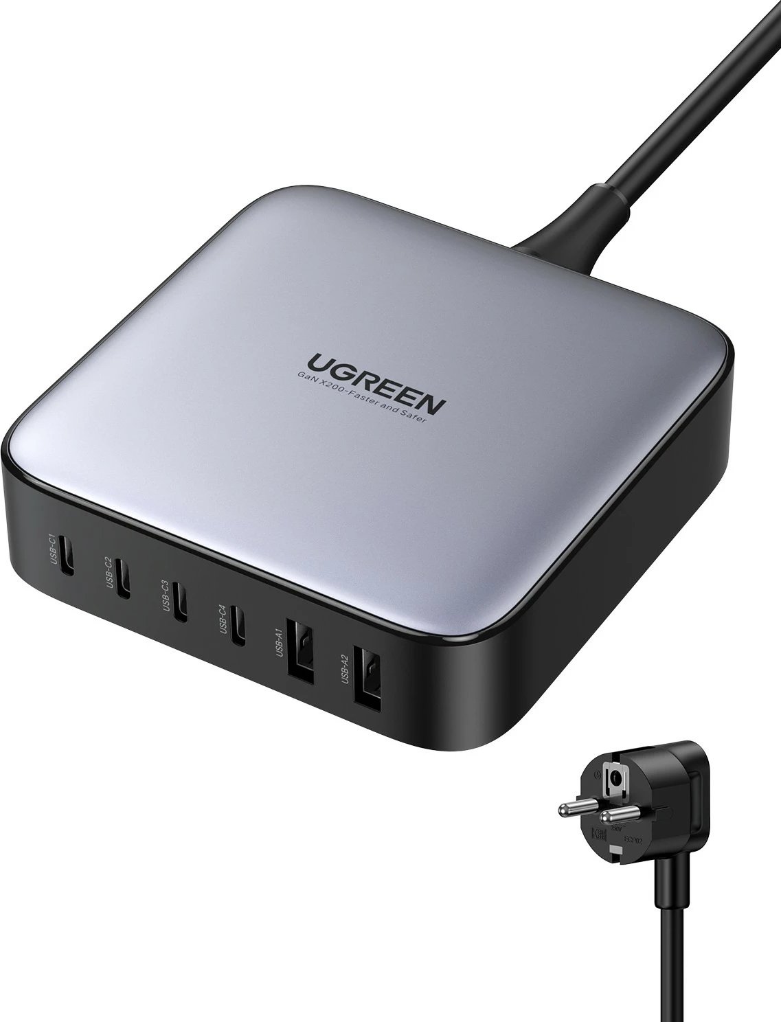 Karikues desktop Ugreen Nexode 40914, 200W, GaN, USB-C/USB-A, i zi/gri