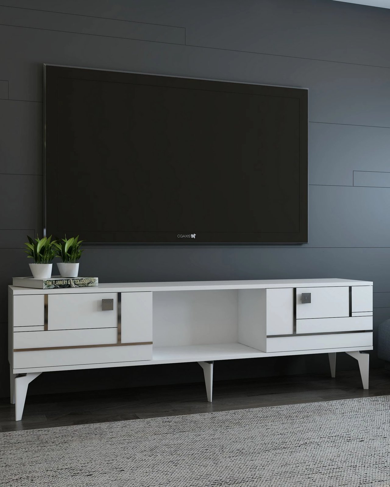 Komodë për TV Skye Decor, e bardhë, argjend