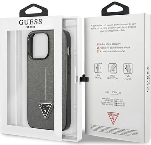 Mbështjellës Guess Saffiano Triangle Logo për iPhone 13 Pro Max 6.7", argjend Mbështjellës Guess Saffiano Triangle Logo për iPhone 13 Pro Max 6.7", argjend