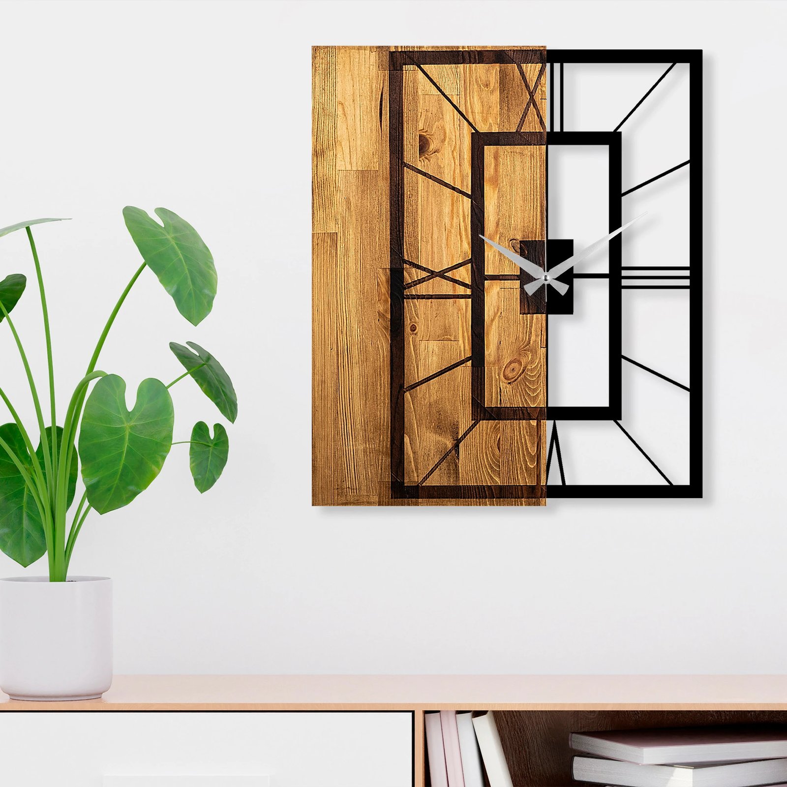 Orë muri dekorative prej druri, Wallity, ngjyrë arre e çelët dhe e zezë, 49x3x58cm