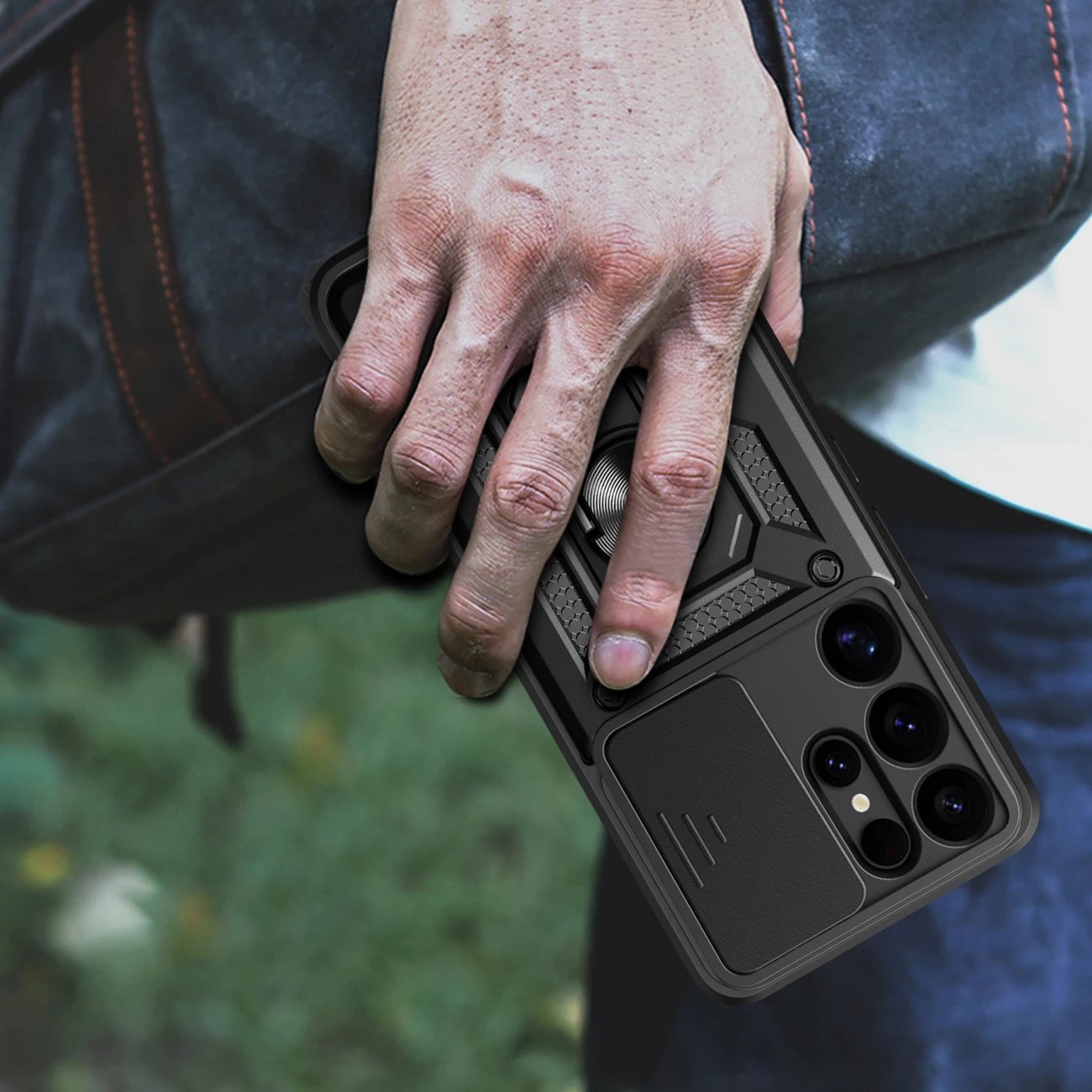 Mbështjellës Hurtel Hybrid Armor Camshield me kapak kamere dhe unazë metalike për Samsung Galaxy S25 Ultra, Zi