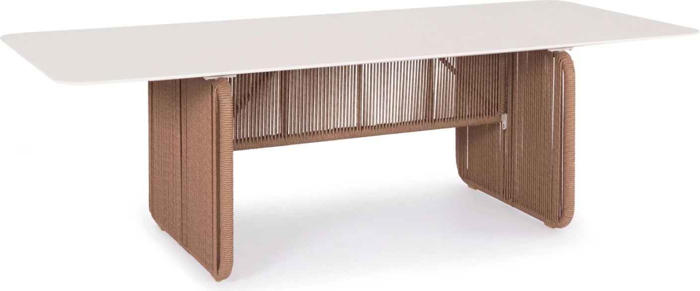 Tavolinë ngrënieje për jashtë, alumini, sipërfaqe sinterizuar, ngjyrë fildishi, thurje ratan, 240x100x73.5cm