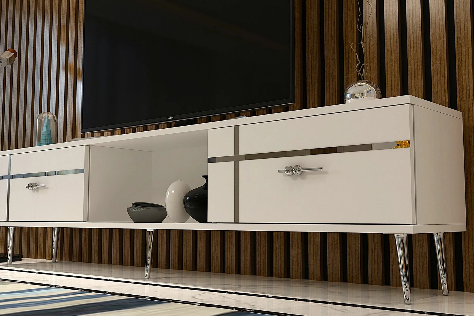 Komodë TV Skye Decor, ngjyrë e bardhë, argjend