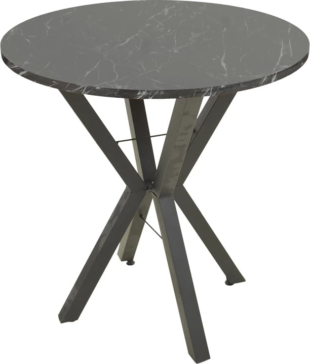 Tavolinë e rrumbullakët, efekt mermeri i zi, këmbë metalike të zeza, Φ70x72cm