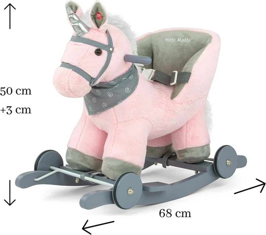 Kalë lëkundës 2‑në‑1, Milly Mally Polly, karrige me rrip sigurie, tinguj, deri 30 kg, 12–36 muaj, rozë