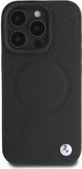 Mbështjellës BMW Signature Leather Half Textured & Circle MagSafe për iPhone 16 Pro, i zi