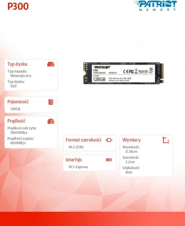 SSD Patriot P300 128GB M.2 PCIe Gen 3 x4