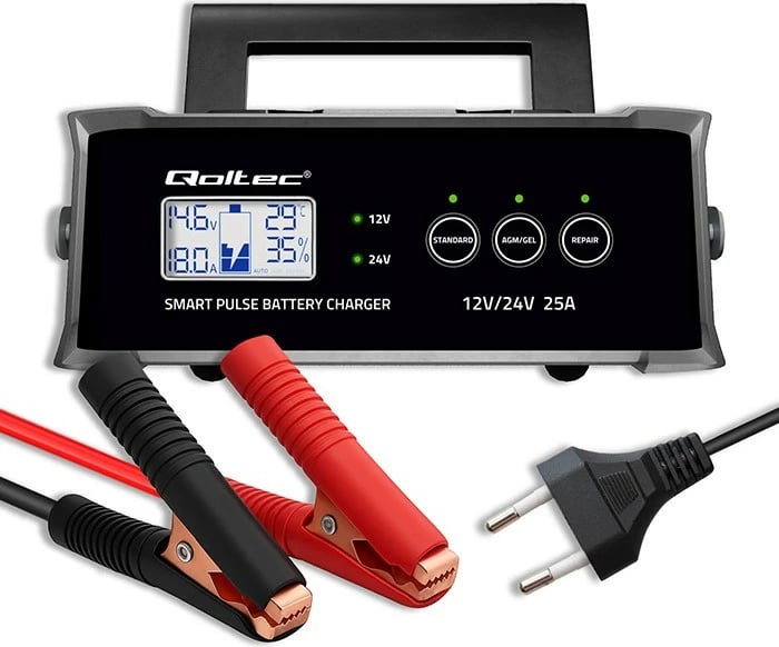 Karikues baterie mikroprocesorik Qoltec 52514 12V/24V 25A me funksion riparimi LCD, e zezë