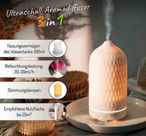 Difuzer arome ultrasonik, Camry, CR 7970, 100 ml, dritë ambienti, i bardhë