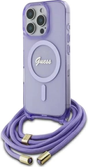 Mbështjellës Guess Crossbody Cord Script MagSafe për iPhone 16 Pro, Vjollcë