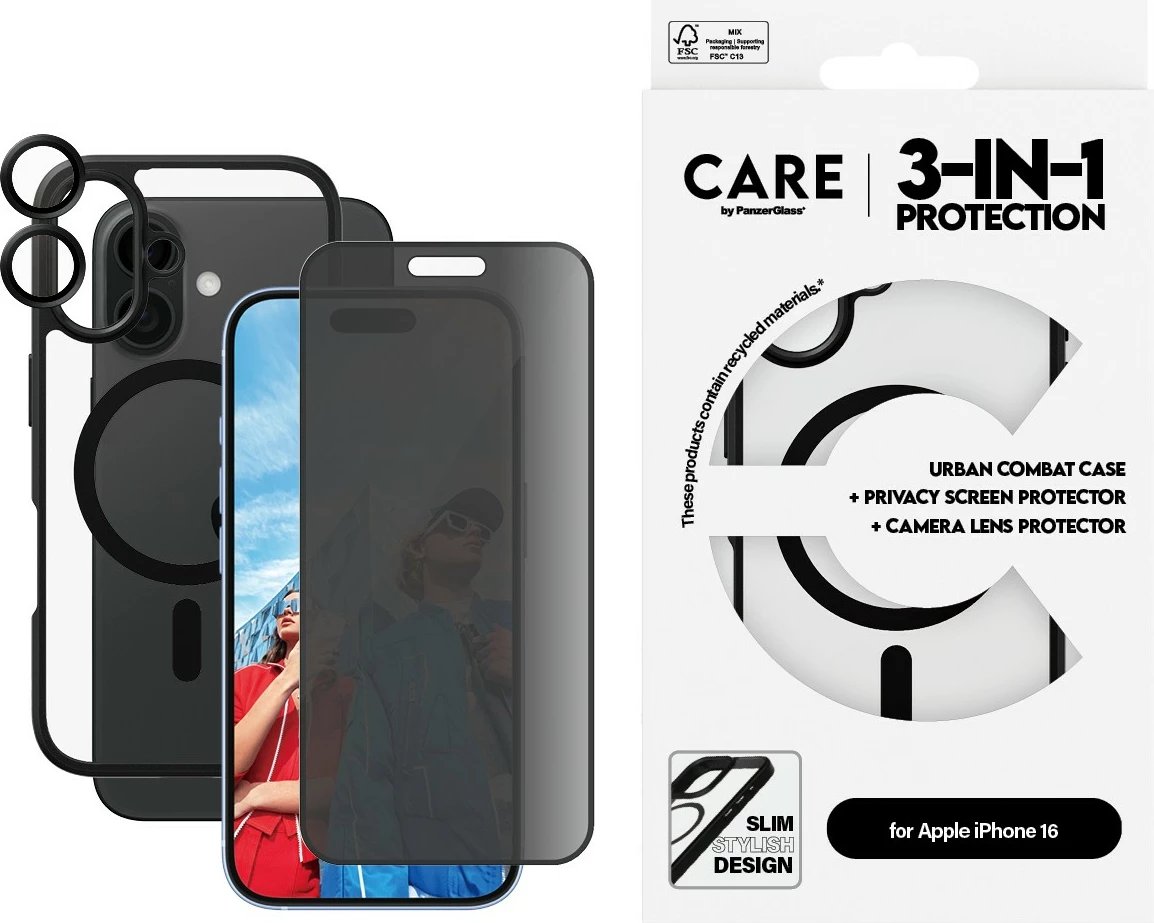 Mbështjellës PanzerGlass për iPhone 16, 3-në-1, mbrojtje privatësie, transparent